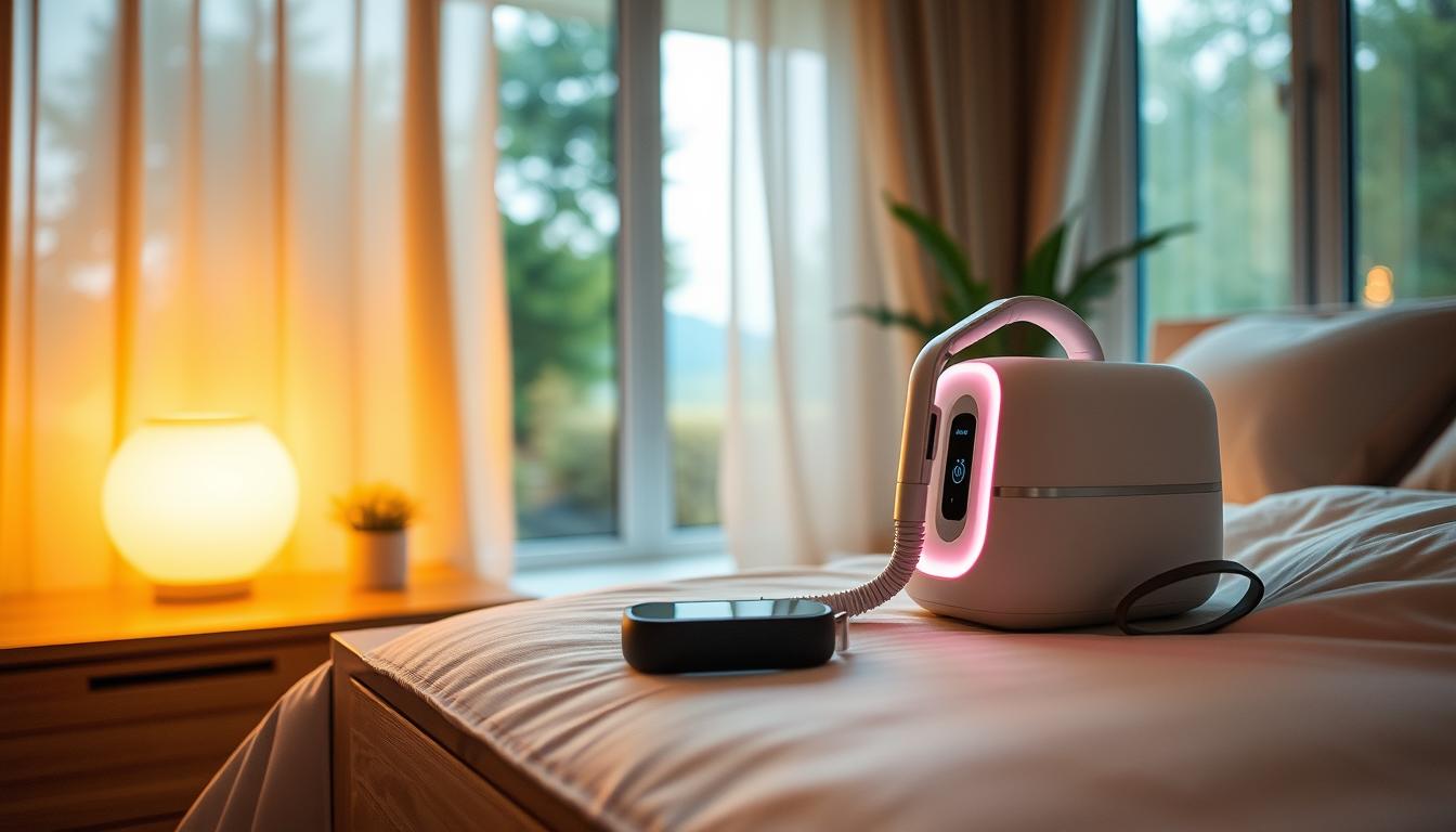 Cozy home sleep apnea solutions, a tranquil sanctuary for restful slumber. A bedside table showcases a sleek, modern CPAP machine, its soft glow illuminating the serene, minimalist bedroom. Beside it, a stylish smart wearable device rests, its discreet design blending seamlessly with the room's calming aesthetic. Warm, diffused lighting casts a soothing ambiance, while large windows offer a glimpse of a lush, vibrant outdoor landscape, hinting at the convenience and lifestyle fit of these sleep apnea solutions. The overall scene conveys a sense of comfort, control, and harmony, perfectly suited for the "Convenience and Lifestyle Fit" section of the article.