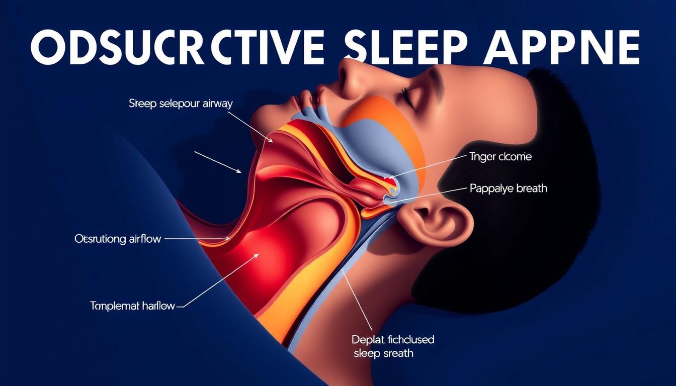 Detailed anatomical diagram of obstructive sleep apnea, showcasing the upper airway during sleep. Vibrant colors highlight the narrowing of the throat, obstruction of airflow, and the diaphragm's strained efforts to draw breath. Crisp, technical rendering with a clean, minimalist design. Lighting casts dramatic shadows, emphasizing the physiological process. Precise, labeled structures include the tongue, soft palate, and pharynx. The overall impression conveys a clear, educational depiction of this sleep disorder.