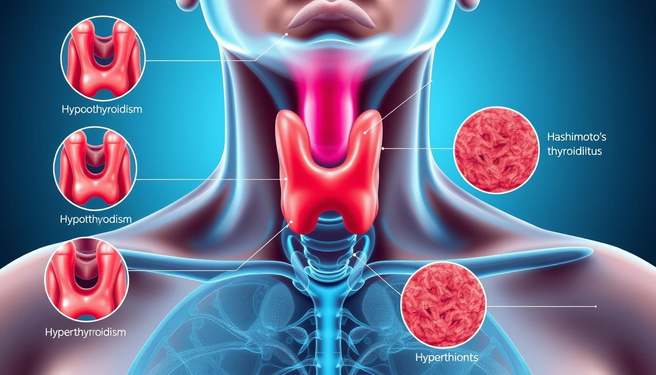 Detailed medical illustration showcasing the key symptoms and effects of various thyroid disorders. A vibrant, accurate depiction of the thyroid gland, its structure, and the visible physiological changes caused by conditions like hypothyroidism, hyperthyroidism, and Hashimoto's thyroiditis. Crisp, high-resolution imagery with a clean, scientific aesthetic. Striking the right balance between technical accuracy and visual appeal to educate and inform the viewer. Carefully lit to highlight the gland's form and the dynamic color shifts in the affected tissues. Composition emphasizes the interconnected nature of thyroid function and whole-body health.