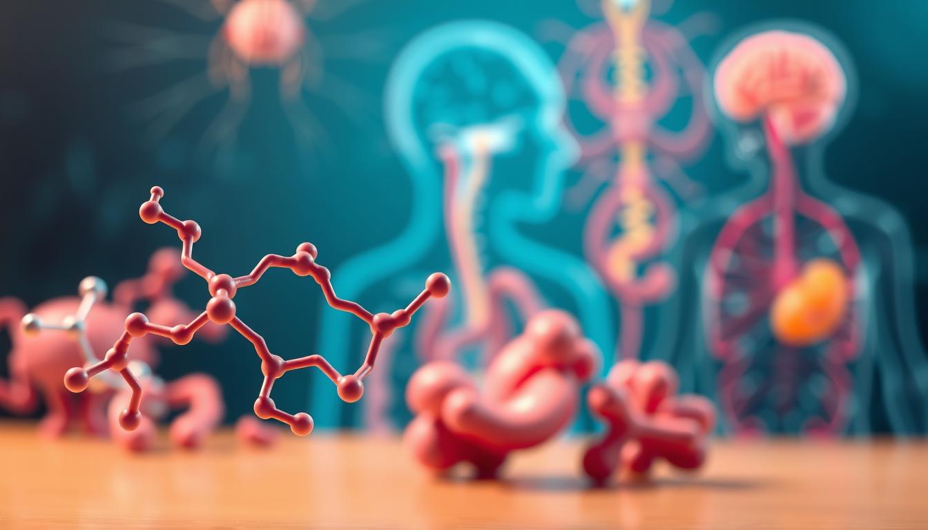 Highly detailed and accurate 3D rendering of the molecular structure and biosynthetic pathways of cholecystokinin (CCK) hormone. Foreground displays the complex peptide backbone of CCK, with each amino acid component clearly visible. Middle ground showcases the primary production sites of CCK, including the gastrointestinal tract and selected regions of the brain, rendered in vibrant colors. Background features a softly blurred, scientifically accurate illustration of the neural and endocrine systems involved in CCK regulation. Realistic lighting from multiple angles accentuates the intricate details of the scene, creating a visually striking and informative image.