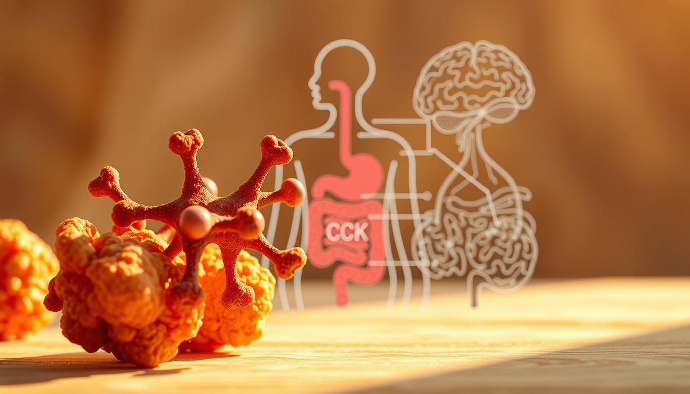 Highly detailed, scientifically accurate illustration of the CCK (cholecystokinin) hormone and its role in appetite regulation. Vibrant, textured foreground depicts the CCK molecule in a dynamic, three-dimensional form, surrounded by intricate anatomical structures representing the digestive system. The middle ground features a stylized, annotated cross-section of the human gastrointestinal tract, highlighting key elements involved in the CCK signaling pathway. The background showcases a minimalist, yet elegant wireframe visualization of the brain, emphasizing the central nervous system's integration with CCK-mediated hunger and satiety cues. Warm, natural lighting accentuates the organic, biological feel of the scene, creating a visually engaging and informative illustration. Highly detailed, scientifically accurate illustration of the CCK (cholecystokinin) hormone and its role in appetite regulation. Vibrant, textured foreground depicts the CCK molecule in a dynamic, three-dimensional form, surrounded by intricate anatomical structures representing the digestive system. The middle ground features a stylized, annotated cross-section of the human gastrointestinal tract, highlighting key elements involved in the CCK signaling pathway. The background showcases a minimalist, yet elegant wireframe visualization of the brain, emphasizing the central nervous system's integration with CCK-mediated hunger and satiety cues. Warm, natural lighting accentuates the organic, biological feel of the scene, creating a visually engaging and informative illustration.