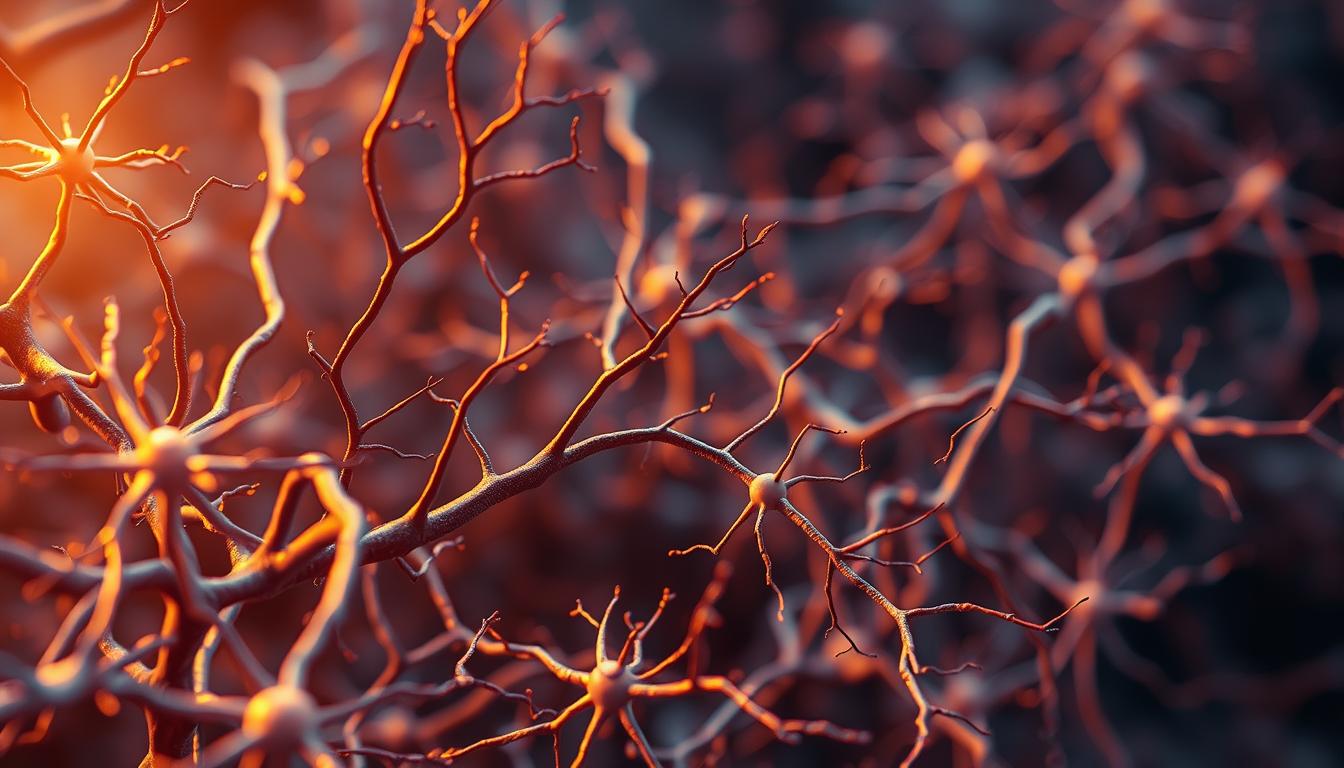 Intricate neural pathways, a vibrant tapestry of interconnected neurons, firing and pulsing with electric energy. A high-contrast, close-up view, illuminated by a soft, warm light from the side, casting subtle shadows to accentuate the delicate structure. The foreground showcases the intricate network of synapses, branching and weaving together, while the middle ground reveals the larger scale of this neural landscape. In the background, a hazy, out-of-focus backdrop suggests the broader context of the brain's complex architecture. The overall mood is one of scientific wonder and revelation, inviting the viewer to explore the hidden marvels of the mind.