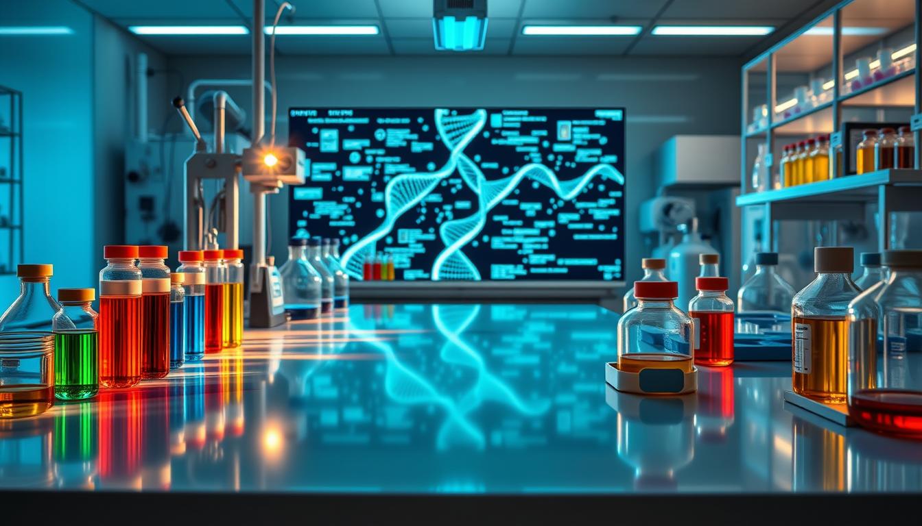 Precision Nutrition Genetic Testing: A meticulously arranged laboratory setting with state-of-the-art equipment and glassware. Vibrant color-coded samples and test tubes line the gleaming countertops, hinting at the depth of genetic analysis within. Intense focused lighting casts dramatic shadows, conveying the gravity of the scientific process. In the background, a sleek, futuristic display showcases complex genetic data, representing the personalized insights that will empower the future of targeted nutraceuticals. An atmosphere of innovation and discovery pervades the scene, capturing the essence of genetic tailoring for optimal health and wellness.