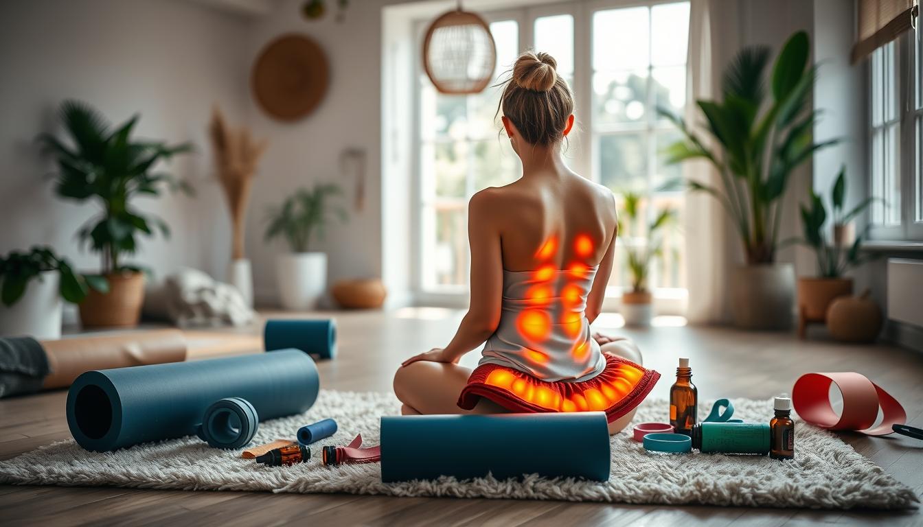 Vibrant and soothing scene of a person practicing self-care techniques for Ehlers-Danlos syndrome-related fascia pain. In the foreground, a woman sits cross-legged on a soft rug, applying a heating pad to her lower back. Surrounding her are various self-care tools like foam rollers, resistance bands, and essential oils. The middle ground features a calming, minimalist interior with natural light streaming in through large windows. In the background, potted plants and natural textures create a serene, restorative atmosphere. The overall mood is one of gentle care and effective pain management strategies for those living with Ehlers-Danlos. Vibrant and soothing scene of a person practicing self-care techniques for Ehlers-Danlos syndrome-related fascia pain. In the foreground, a woman sits cross-legged on a soft rug, applying a heating pad to her lower back. Surrounding her are various self-care tools like foam rollers, resistance bands, and essential oils. The middle ground features a calming, minimalist interior with natural light streaming in through large windows. In the background, potted plants and natural textures create a serene, restorative atmosphere. The overall mood is one of gentle care and effective pain management strategies for those living with Ehlers-Danlos.