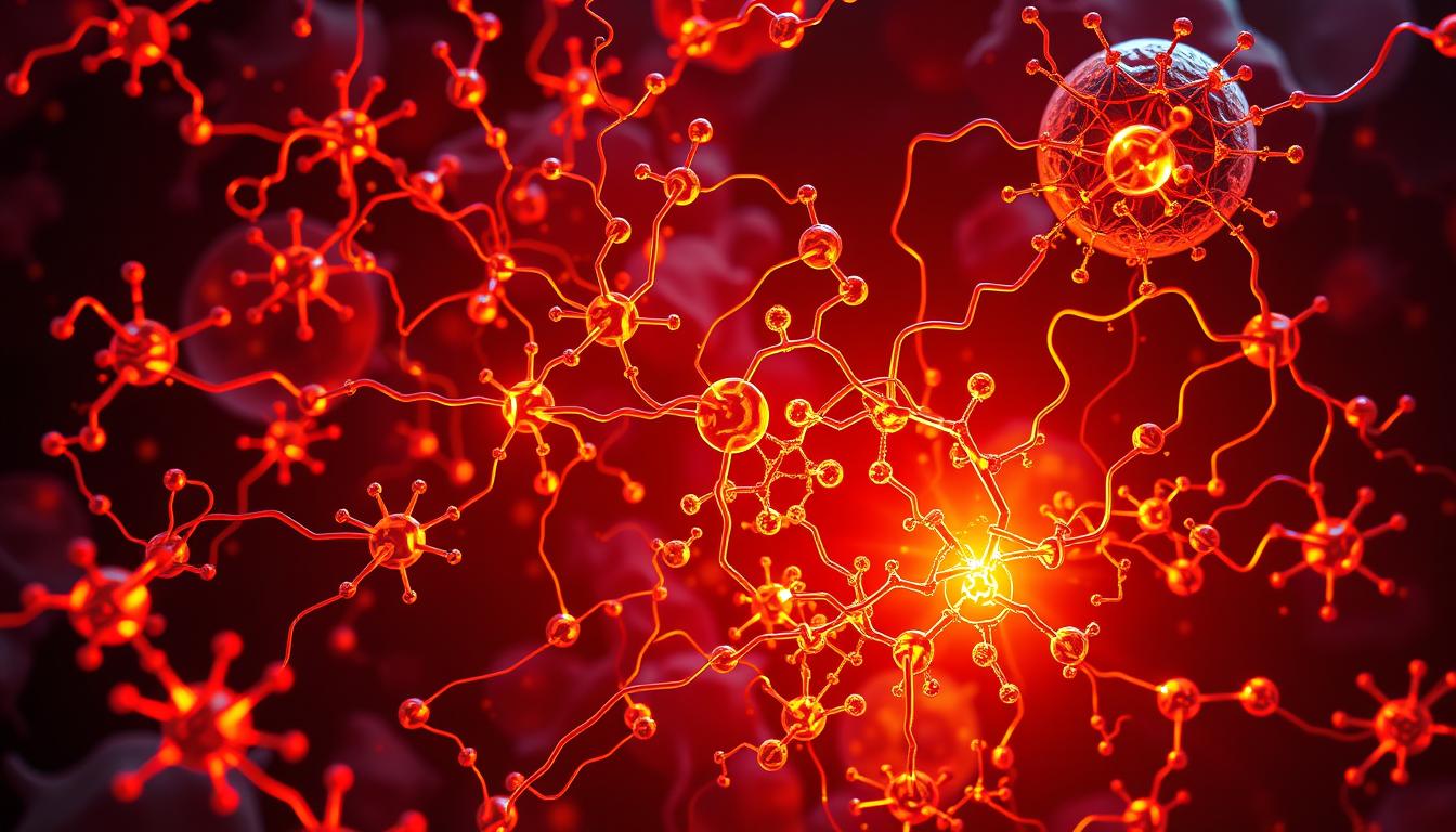 Vibrant biochemical pathways depicting energy regulation, with intricate molecular structures and dynamic metabolic processes. A captivating interplay of geometric forms, cascading arrows, and vivid color gradients. Illuminated by warm, directional lighting that casts dramatic shadows, conveying the complexity and vitality of this vital physiological system. The foreground showcases the central role of cyclic AMP, while the middle ground explores the downstream effectors and feedback loops. The background hints at the broader cellular context, with subtle textures and subtle hints of related metabolic networks. An image that captures the elegance and importance of this fundamental aspect of human physiology.