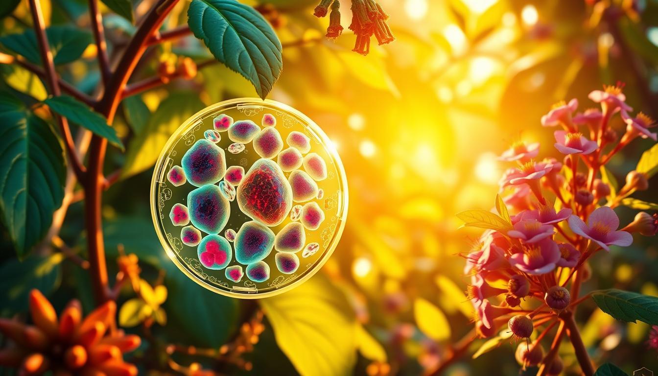 Vibrant cellular mechanisms of Ayurvedic herbs, showcased in a detailed, scientifically accurate illustration. A central magnified view of plant cell structures, with mitochondria, chloroplasts, and other organelles clearly visible. Surrounding this, a lush botanical background featuring the herb's leaves, stems, and flowers, bathed in warm, natural lighting. The composition emphasizes the intricate processes powering the plant's medicinal properties, creating a visually compelling depiction of its therapeutic potential. Vibrant cellular mechanisms of Ayurvedic herbs, showcased in a detailed, scientifically accurate illustration. A central magnified view of plant cell structures, with mitochondria, chloroplasts, and other organelles clearly visible. Surrounding this, a lush botanical background featuring the herb's leaves, stems, and flowers, bathed in warm, natural lighting. The composition emphasizes the intricate processes powering the plant's medicinal properties, creating a visually compelling depiction of its therapeutic potential.