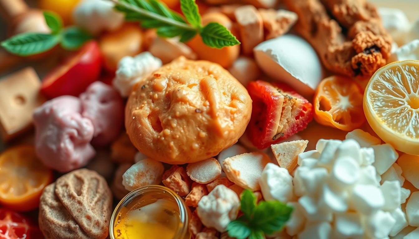 Vibrant close-up image of an assortment of key nutrients for fascia health, including collagen, vitamin C, glucosamine, chondroitin, and hyaluronic acid. The ingredients are arranged in a visually appealing and balanced composition, with warm lighting accentuating their natural colors and textures. The image has a clean, modern aesthetic, with a slightly blurred background to keep the focus on the nutritional elements. The overall mood is one of health, wellness, and rejuvenation, reflecting the importance of these compounds for maintaining strong, flexible fascia and joint stability.