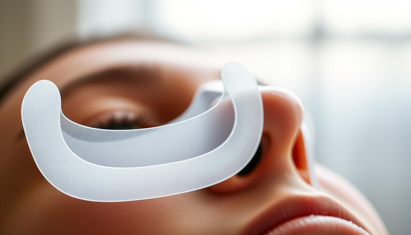 Vibrant close-up image of nasal strips for allergies and sleep apnea treatment. The strips are shown in the foreground, prominently displayed against a blurred, out-of-focus background. The material appears flexible and breathable, with a clean, medical-grade design. Soft, diffused lighting accentuates the subtle textures and highlights the translucent nature of the strips. The angle is slightly elevated, giving a sense of authority and professionalism, conveying the effectiveness of the product for specific respiratory conditions. The overall mood is one of clarity, precision, and a focus on the functional aspects of the nasal strips.