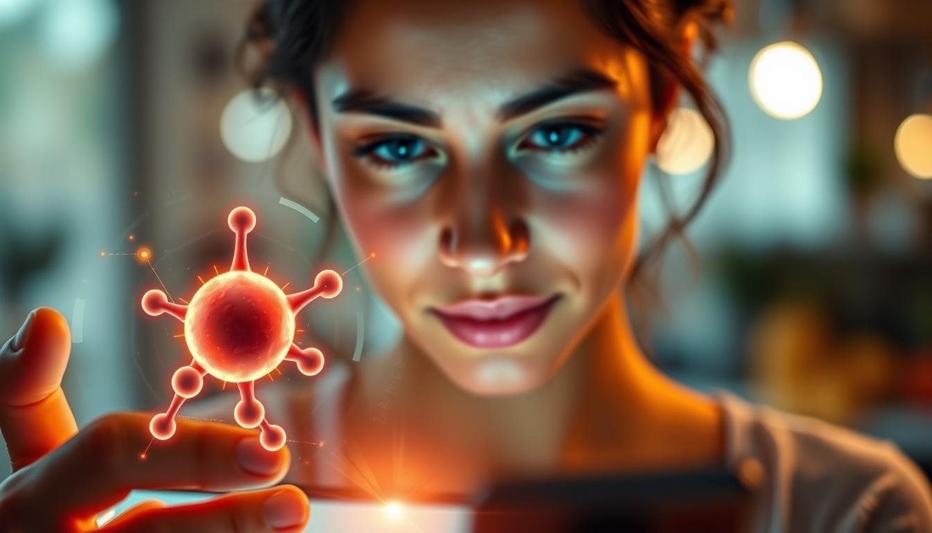 Vibrant close-up portrait of a woman tracking her hormone levels on a digital screen, showcasing the impact of CCK on her eating behavior. The woman's face is illuminated by the warm glow of the device, her expression a mix of determination and concentration. In the foreground, a stylized visualization of the CCK hormone molecule pulses with energy, symbolizing its influence on her appetite and food intake. The middle ground features a blurred background of healthy meal options, conveying the connection between hormone regulation and weight management. The overall scene is captured with a shallow depth of field, creating a sense of focus and clarity on the central elements.