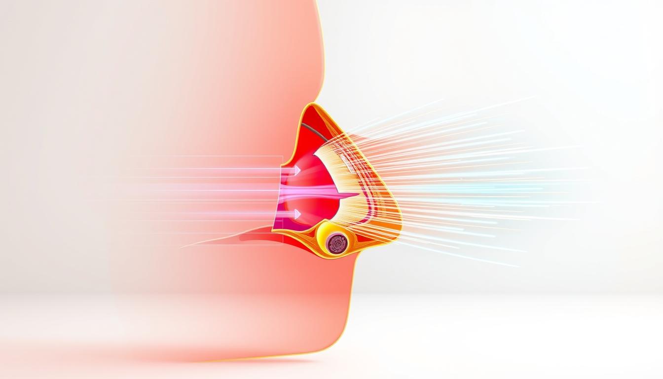Vibrant cross-section illustration of nasal airflow improvement using nasal strips. In the foreground, a detailed anatomical diagram of the nasal passages, highlighted with a warm color palette. The nasal strips are prominently featured, with their internal structure and mechanism of action clearly visible. In the middle ground, a series of motion blur effects showcases the increased airflow achieved through the application of the nasal strips. The background depicts a minimalist, clean environment, allowing the subject matter to take center stage and emphasize the technical and functional aspects of the nasal strip's performance.