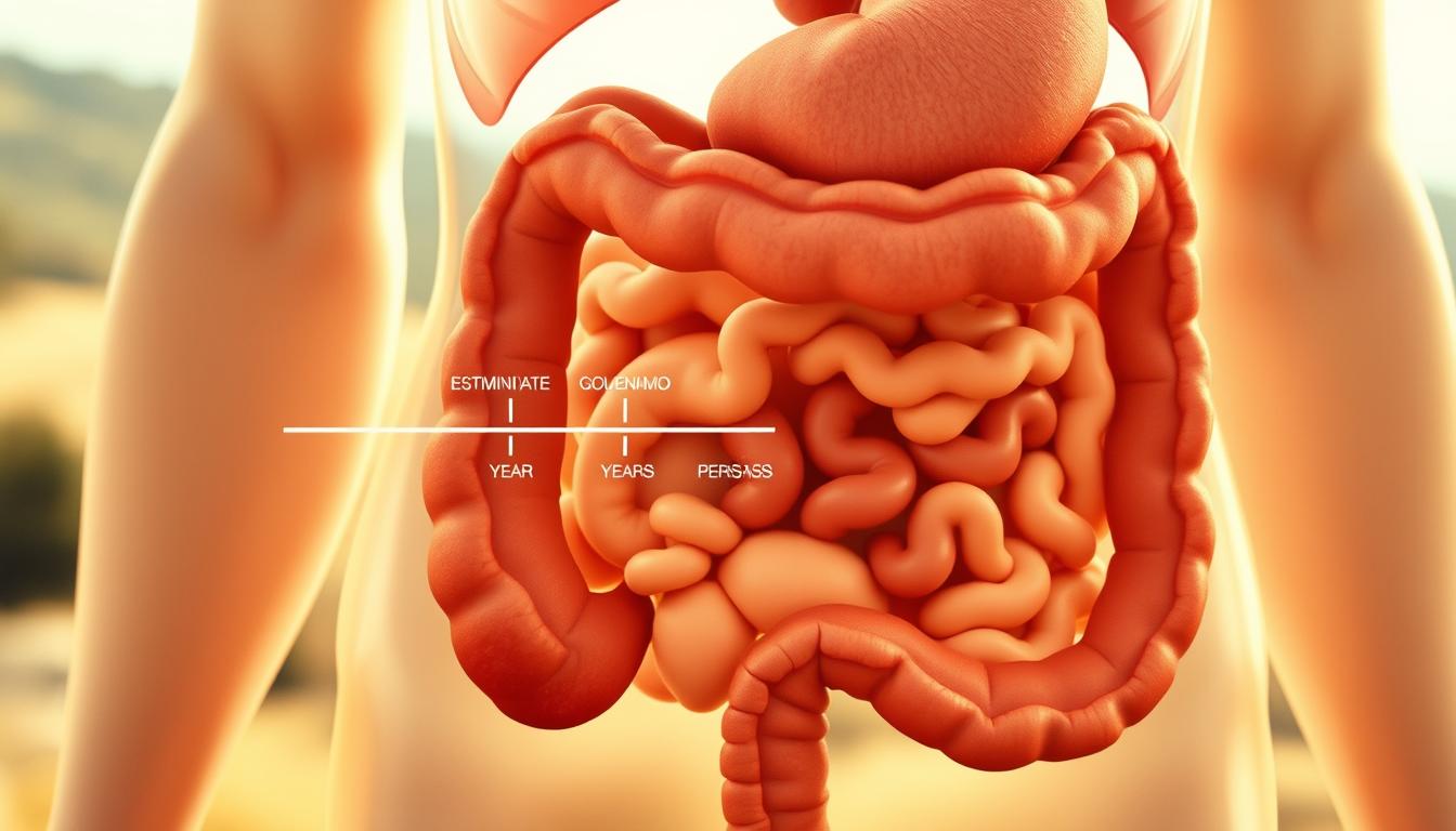 Vibrant cross-section of the human digestive system, showcasing the effects of aging. A detailed anatomical rendering in muted tones, highlighting diminished enzyme production and slowed peristalsis. The foreground depicts the gastrointestinal tract, with a focus on the stomach and small intestine. The middle ground features a stylized timeline, visually demonstrating the gradual decline in digestive efficiency over the years. The background incorporates a softly blurred landscape, conveying a sense of the holistic impact of metabolic changes on overall health. Crisp lighting accentuates the intricate structures, while a slight sepia tone lends an air of scientific study to the composition.