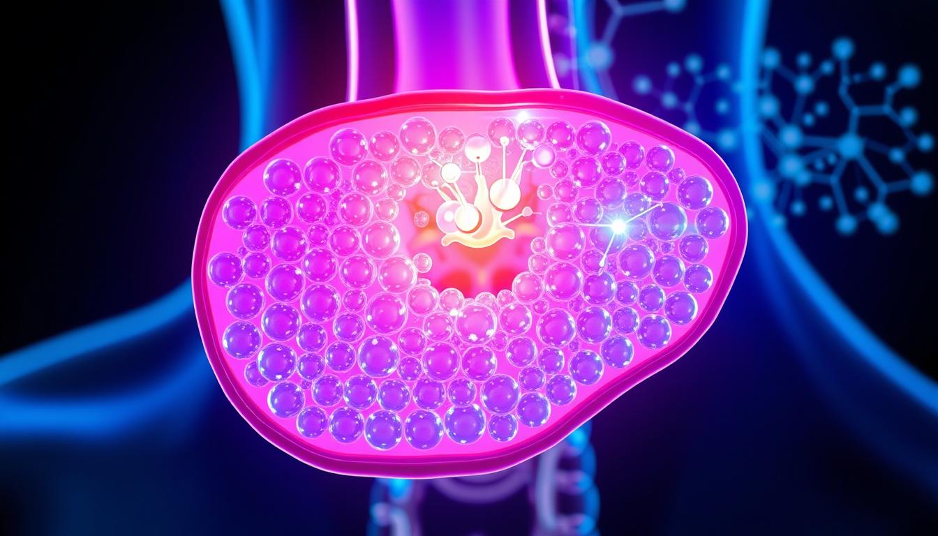 Vibrant cross-section of the thyroid gland, showcasing its intricate structure and hormone production processes. In the foreground, a detailed depiction of the thyroid follicles, each brimming with colloid, the precursor to thyroid hormones. In the middle ground, the capillary network surrounding the follicles, transporting the newly synthesized hormones. In the background, a softly glowing representation of the signaling pathways and regulatory mechanisms that govern the gland's function, creating a visually compelling and informative illustration of this essential endocrine organ. Vibrant cross-section of the thyroid gland, showcasing its intricate structure and hormone production processes. In the foreground, a detailed depiction of the thyroid follicles, each brimming with colloid, the precursor to thyroid hormones. In the middle ground, the capillary network surrounding the follicles, transporting the newly synthesized hormones. In the background, a softly glowing representation of the signaling pathways and regulatory mechanisms that govern the gland's function, creating a visually compelling and informative illustration of this essential endocrine organ.