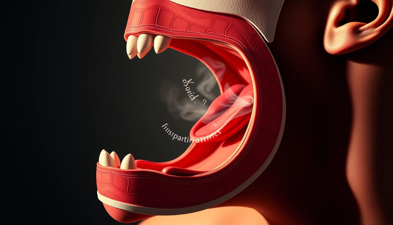 Vibrant cross-sectional illustration depicting airway obstruction and snoring. In the foreground, a detailed anatomical close-up of the mouth and throat, showcasing the misaligned jaw and constricted airway causing the obstruction. Middle ground features the tongue and uvula partially blocking the airflow, with a hazy, ethereal representation of snoring vibrations. The background subtly hints at the overall respiratory system, using muted tones to emphasize the focal point. Dramatic lighting casts shadows, enhancing the three-dimensional effect and sense of depth. Rendered in a clean, medical illustration style to convey the technical nature of the subject matter.