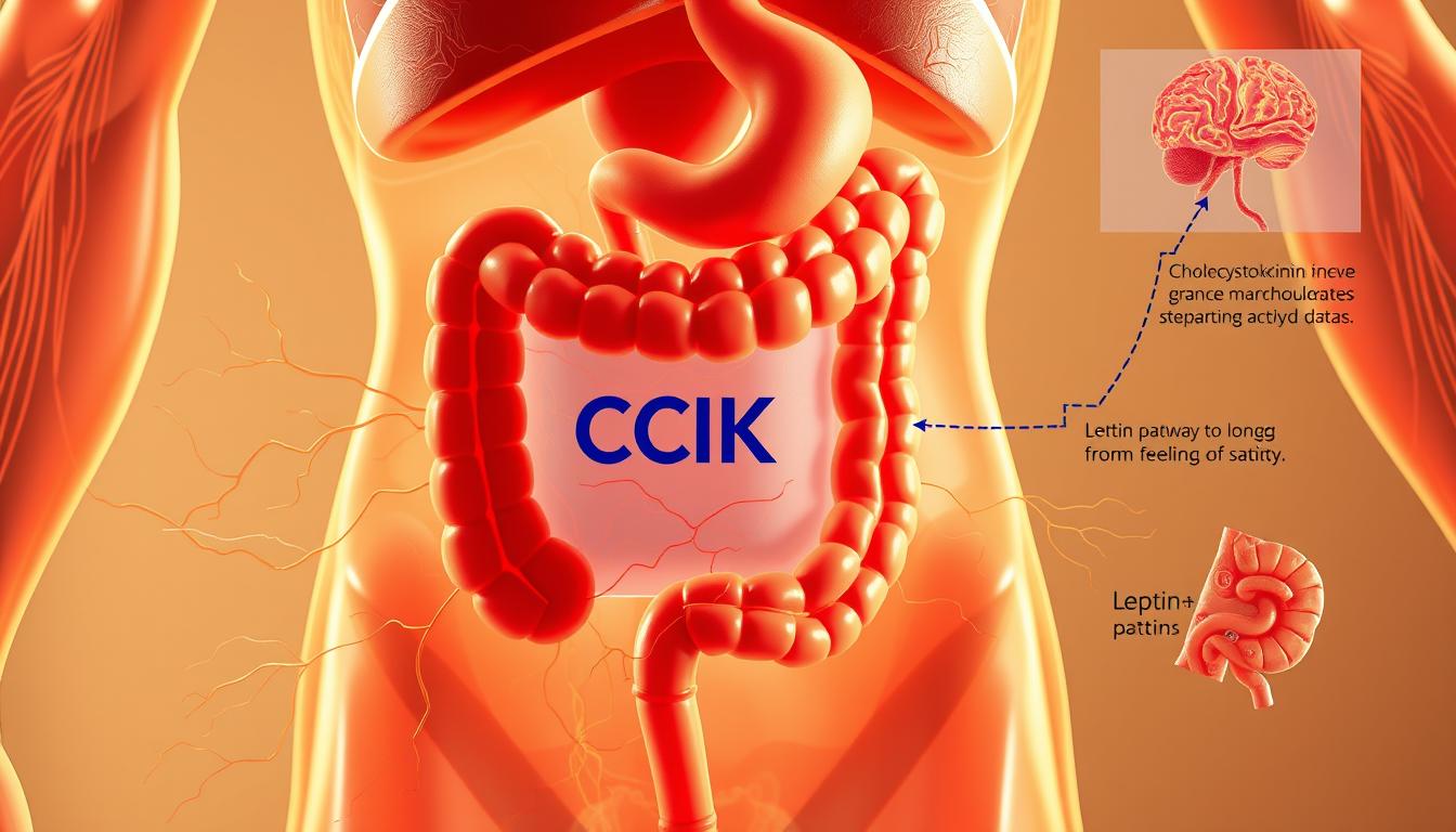 Vibrant, detailed illustration of the key hormone pathways involved in appetite regulation. Centrally placed, a cross-section of the gastrointestinal tract, showcasing the release of cholecystokinin (CCK) from the duodenum in response to food intake. Surrounding this, intricately woven networks of nerves and blood vessels carrying CCK signals to the brain, stimulating the feeling of satiety. In the background, the leptin pathway originating from adipose tissue, providing the brain with long-term information about energy stores and modulating hunger. Elegant, scientifically accurate rendering with a crisp, clean aesthetic, illuminated by warm, natural lighting to convey the complex yet harmonious nature of appetite regulation.