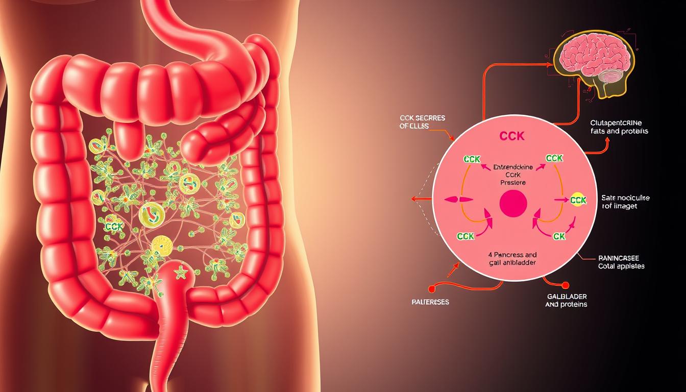 Vibrant diagram showcasing the intricate regulation of cholecystokinin (CCK) hormone. In the foreground, a detailed cross-section of the small intestine, highlighting the enteroendocrine cells that secrete CCK in response to the presence of fats and proteins. The middle ground depicts the circulatory system, with CCK molecules being transported to target organs. In the background, a schematic representation of the complex feedback loops involving the brain, pancreas, and gallbladder, illustrating how CCK regulates digestion and appetite. Bright colors, clean lines, and a scientific, yet visually captivating style to effectively convey the crucial role of CCK in the digestive process.