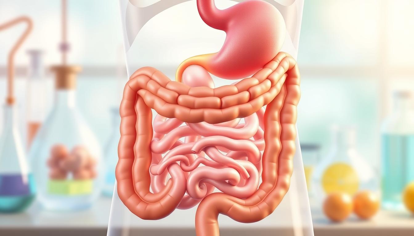 Vibrant illustration of PZ Pathways digestive research. In the foreground, a detailed cross-section of the human digestive system, showcasing the intricate pathways and processes involved in nutrient absorption and metabolism. The middle ground features scientific equipment and glassware, hinting at the laboratory setting where this research is conducted. The background is a soft, blurred gradient of soothing blues and greens, creating a sense of scientific exploration and discovery. Crisp, high-resolution rendering with a focus on anatomical accuracy and attention to detail, capturing the essence of the "What Science Says About Digestive Timing and Efficiency" research topic.