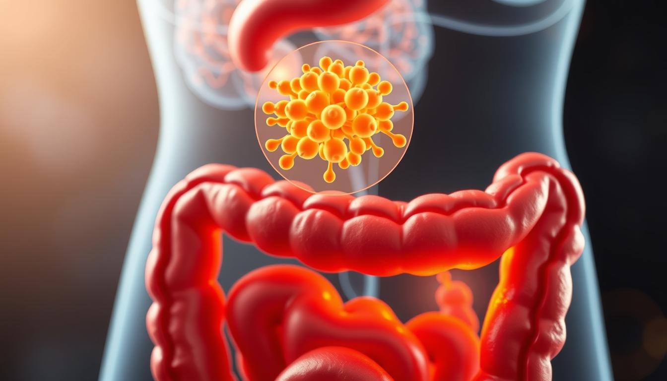 Vibrant illustration of a cross-section of the digestive system, showcasing the release of cholecystokinin (CCK) in response to the presence of fats. In the foreground, a detailed depiction of the small intestine, with the pancreatic duct and gallbladder prominently featured. In the middle ground, a close-up of the CCK-producing cells, highlighted by a warm, golden glow. In the background, a hazy representation of the brain, signifying the feedback loop between the gut and the appetite control center. The image should convey a sense of biological complexity and the intricate mechanisms that regulate satiety and hunger during a ketogenic diet.