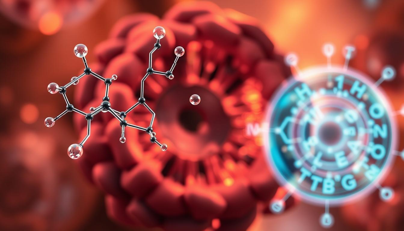 Vibrant molecular visualization of ketone bodies, the energy-rich compounds produced during fat metabolism. A dynamic 3D display in the foreground, showcasing the chemical structures and interactions of acetoacetate, beta-hydroxybutyrate, and acetone. In the middle ground, a cross-section of a mitochondrion, the cellular powerhouses where ketone bodies are converted into ATP, the universal energy currency. The background features a stylized, ethereal representation of the Krebs cycle, the metabolic pathway that links ketone body oxidation to energy production. Warm, diffused lighting creates a sense of scientific wonder and discovery.