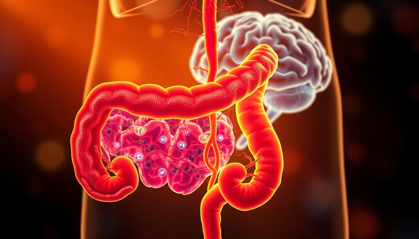 Vibrant, multi-layered illustration showcasing the intricate gut-brain axis interactions. In the foreground, a detailed cross-section of the gut, highlighting the microbiome and its dynamic relationship with the enteric nervous system. In the middle ground, the vagus nerve serves as a prominent conduit, transmitting signals between the gut and the brain. The background features a stylized representation of the brain, with neural pathways and synaptic connections, emphasizing the bidirectional communication. Warm, diffused lighting casts a sense of depth and harmony, while a complementary color palette evokes the organic nature of this physiological process. The overall composition should convey the complexity and significance of the gut-brain axis in regulating digestion, satiety, and overall health.
