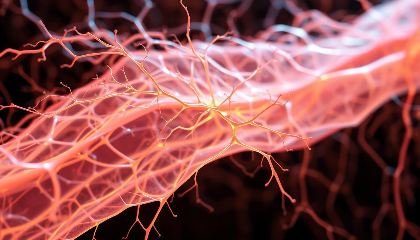 Vibrant network of intricate, interconnected fascia and connective tissue, illuminated by warm, diffused lighting. The delicate, gossamer-like fibers weave a complex, three-dimensional tapestry, highlighting the intricate architecture that supports and permeates the human body. Captured from a slightly elevated perspective, the image showcases the subtle gradients and textures that characterize this vital, yet often overlooked, component of the musculoskeletal system. The overall impression is one of beauty, wonder, and the remarkable complexity of the human form.