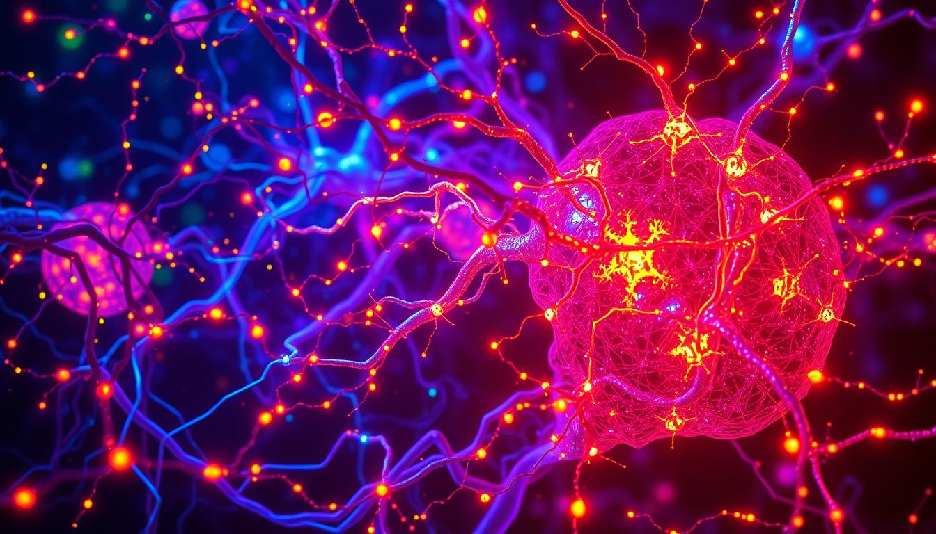 Vibrant neurochemical reactions depicting CCK-4 induced anxiety biomarkers. A dynamic molecular landscape, with cascading waves of fluorescent signaling proteins, neurotransmitters, and synaptic activity. Intricate neural pathways intertwine, visualizing the complex interplay between gut-brain communication and emotional dysregulation. Dramatic lighting casts sharp shadows, underscoring the intensity of the biochemical processes. The scene is captured with a wide-angle lens, providing a comprehensive view of the anxious brain mechanisms at play. An unsettling yet captivating atmosphere, reflecting the profound impact of CCK on mental health.