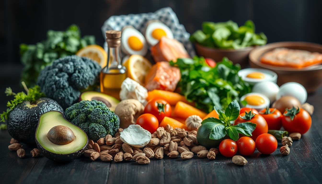 Vibrant still life composition depicting a selection of nutrient-rich foods on a dark wooden surface. In the foreground, a variety of healthy fats such as avocado, olive oil, and nuts are arranged artfully. In the middle ground, colorful vegetables like broccoli, spinach, and tomatoes are prominently featured. The background showcases more keto-friendly ingredients like eggs, salmon, and leafy greens. Soft, natural lighting casts gentle shadows, emphasizing the textures and vibrant colors of the scene. The overall mood is one of abundance, health, and the synergistic power of nutrient combinations to stimulate CCK production.