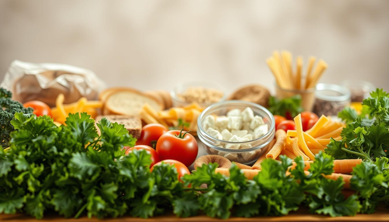 Vibrant still life showcasing the challenges of a low-carb lifestyle. In the foreground, a variety of fresh, leafy greens and crisp vegetables cascade across the frame, hinting at the nutritious options available. In the middle ground, a selection of tempting, high-carb snacks - bread, pasta, and sugary treats - create a visual tension, representing the allure of indulgence. The background is softly blurred, evoking a sense of focus and determination required to navigate the low-carb path. Warm, natural lighting illuminates the scene, casting subtle shadows and highlights that add depth and dimension. The overall mood is one of thoughtful contemplation, highlighting the balance and discipline inherent in this lifestyle choice.