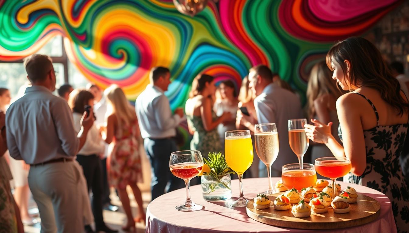 Vibrant swirling colors in a lively party scene, a group of people mingling and socializing, elegant low-carb canapés and beverages on a beautifully decorated table, natural lighting casting a warm glow, a sophisticated yet playful atmosphere, the focus on the social strategies and interactions of the low-carb attendees, a sense of camaraderie and healthy indulgence.