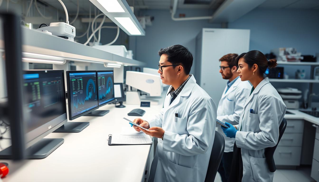 a clinical research laboratory with modern equipment and researchers in white coats examining data on monitors and making notes, vibrant lighting illuminating the scene, high-angle view to showcase the scientific atmosphere, clean and minimalist aesthetic, focus on the technical aspects of snoring research