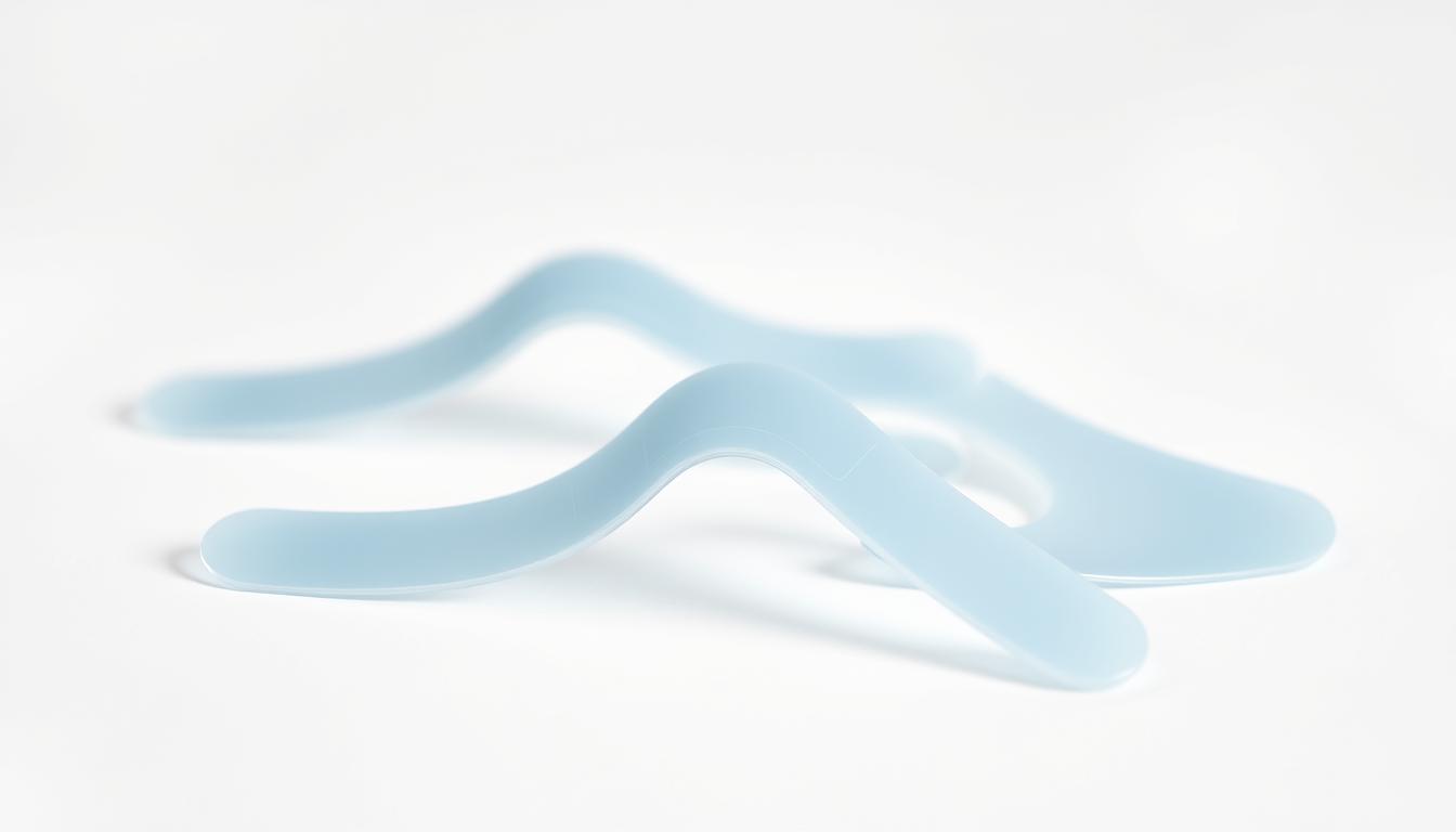 a close-up shot of a set of nasal strips for snoring relief, arranged on a clean, white background. The nasal strips are made of a soft, flexible material, with adhesive strips on the back to securely attach to the nose. The strips have a subtle, minimalist design, with a light blue or gray color scheme. The lighting is soft and diffused, creating a clean, clinical aesthetic. The image showcases the nasal strips in a way that highlights their simplicity, comfort, and effectiveness in providing relief for snoring. The overall mood is vibrant, modern, and focused on the product's key features and benefits.