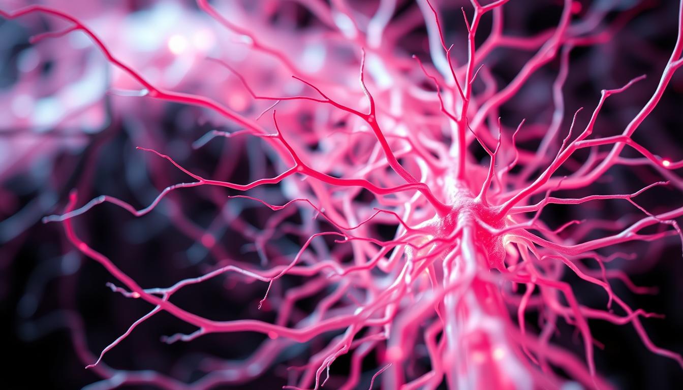 a close-up view of the intricate nervous system signals within the fascia, depicted as a vibrant, web-like structure pulsing with energy. The fascia is rendered in shades of pink and red, highlighting the network of nerves and connective tissue that can become inflamed and cause pain. The image is focused on the detailed texture and interconnectedness of the fascia, conveying a sense of the complexity and sensitivity of this often-overlooked system. The lighting is soft and diffused, creating a sense of depth and dimensionality. The overall mood is one of scientific curiosity and the desire to better understand the mechanisms behind the manifestation of pain in conditions like Ehlers-Danlos syndrome.