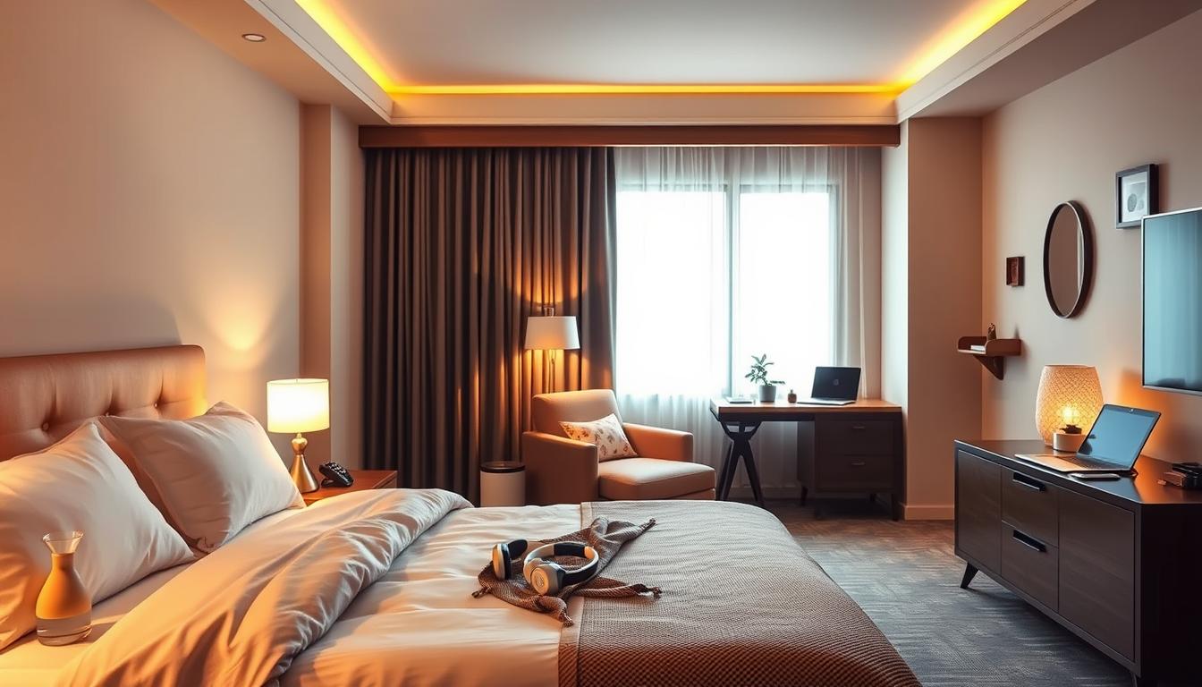 a cozy and calming hotel room designed for better sleep. in the foreground, a king-size bed with plush bedding and soft, warm lighting from bedside lamps. on the nightstands, a glass of water and a sleep-promoting essential oil diffuser. the middle ground features a comfortable reading chair with a soft throw blanket, and a small desk with a laptop and noise-canceling headphones. the background showcases a large window with blackout curtains, a minimalist dresser, and subtle wall decor in soothing earth tones. the overall atmosphere is vibrant yet tranquil, with careful attention to lighting, texture, and relaxing elements to create the ideal sleep environment.