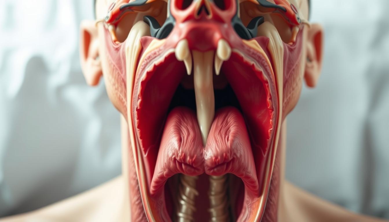 a detailed anatomical cross-section of the human throat, showcasing the complex structures responsible for snoring. The foreground depicts the pharynx, larynx, and trachea in vivid detail, with a vibrant, lifelike palette. The middle ground features the soft palate, uvula, and surrounding tissues, highlighting their role in airflow and sound production. The background subtly suggests the nasal cavity and sinuses, providing context for the overall respiratory system. The lighting is soft and diffused, creating a sense of depth and dimension. The camera angle is slightly elevated, offering a comprehensive view of the throat's internal architecture. The mood is one of scientific curiosity and educational focus, inviting the viewer to explore the underlying mechanisms of snoring.