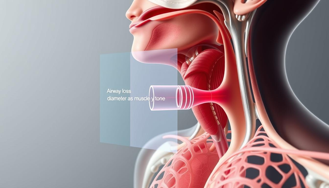 a detailed anatomical cross-section of the upper respiratory system, showcasing the impact of weight loss on airway function. In the foreground, a clear depiction of the pharynx, larynx, and trachea, with the airway prominently displayed. In the middle ground, a transparent overlay highlights the changes in airway diameter and muscle tone as a result of reduced body weight, conveying the vibrant, dynamic nature of this physiological transformation. The background features a minimalist, muted color palette, allowing the central anatomical elements to take center stage and effectively communicate the scientific concepts. Rendered with a photorealistic style and precise attention to detail, capturing the nuances of this weight loss-driven improvement in respiratory health.