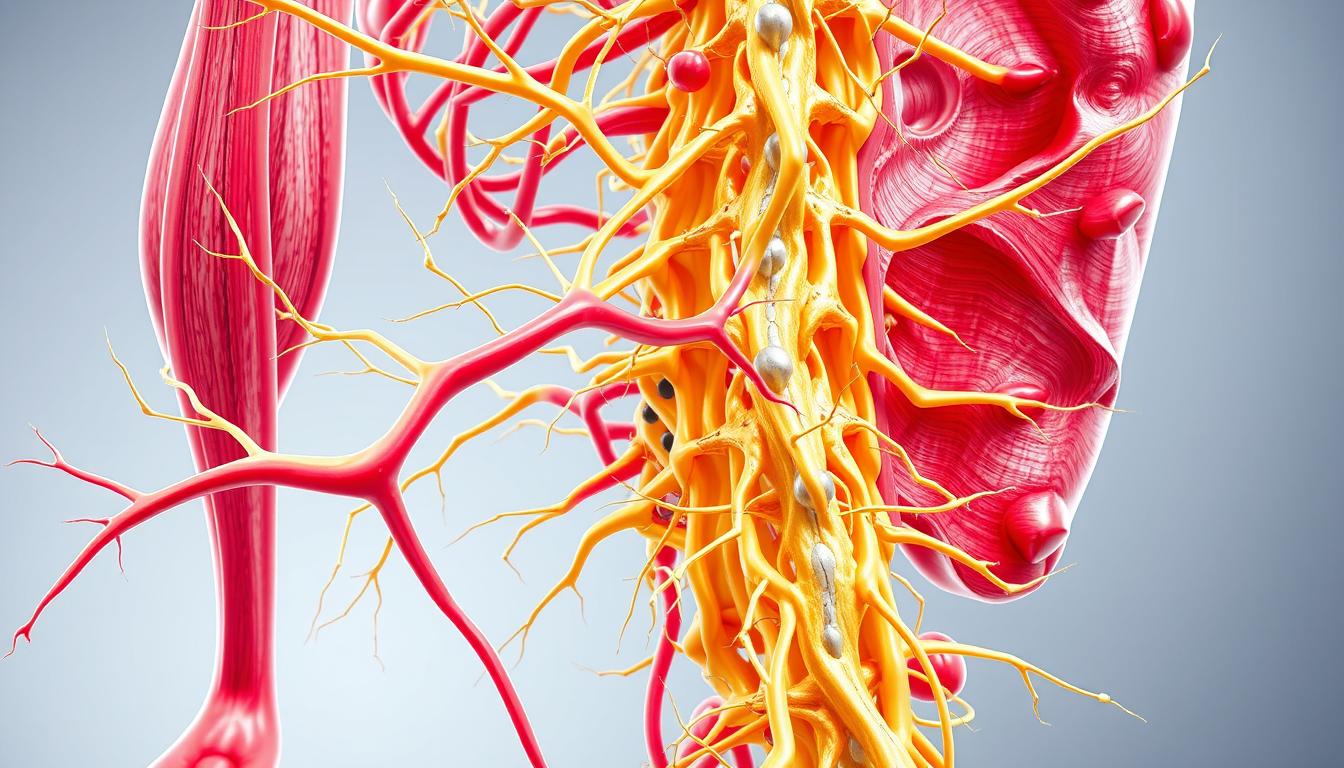 a detailed anatomical illustration of the intricate web of connective tissue and fascia, showcasing their interconnected structures and functional roles. The image should depict the various layers of fascia, from the superficial to the deep, highlighting their continuity and the way they envelop and support the musculoskeletal system. Use a vibrant, high-contrast color palette to vividly convey the complex, dynamic nature of these tissues. Render the image with a scientific, technical precision, using a combination of detailed cross-sectional views and three-dimensional perspectives to provide a comprehensive understanding of the subject matter. Capture the delicate, yet resilient qualities of connective tissue and fascia, emphasizing their importance in maintaining structural integrity and facilitating efficient movement.