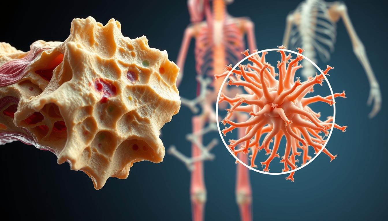 a detailed and anatomically accurate illustration of connective tissue dysfunction in hypermobility disorder. the foreground depicts the fascia, showing its irregular, thickened, and disorganized structure, with areas of adhesions and restriction. the middle ground features a close-up view of the collagen fibers, visibly weakened and frayed. the background showcases the musculoskeletal system, with joints exhibiting excessive range of motion and instability. the overall scene has a vibrant, technical, and scientific feel, conveying the complex pathophysiology of this condition. the lighting is neutral and evenly distributed, allowing for clear visualization of the anatomical details. a detailed and anatomically accurate illustration of connective tissue dysfunction in hypermobility disorder. the foreground depicts the fascia, showing its irregular, thickened, and disorganized structure, with areas of adhesions and restriction. the middle ground features a close-up view of the collagen fibers, visibly weakened and frayed. the background showcases the musculoskeletal system, with joints exhibiting excessive range of motion and instability. the overall scene has a vibrant, technical, and scientific feel, conveying the complex pathophysiology of this condition. the lighting is neutral and evenly distributed, allowing for clear visualization of the anatomical details.