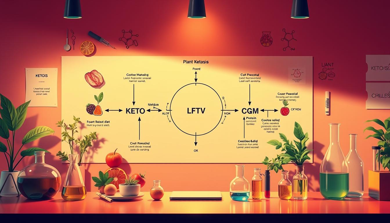 a detailed and realistic digital illustration of the plant-based ketosis process, featuring a large central diagram showcasing the metabolic pathway with clear labels and arrows. The diagram is surrounded by smaller supporting elements such as plant-based food items, molecular structures, and scientific equipment like beakers and test tubes. The scene is bathed in a vibrant, warm lighting that casts long shadows, creating depth and emphasizing the technical aspects. The overall composition is clean, well-balanced, and conveys a sense of scientific understanding and the viability of a plant-based ketogenic diet.