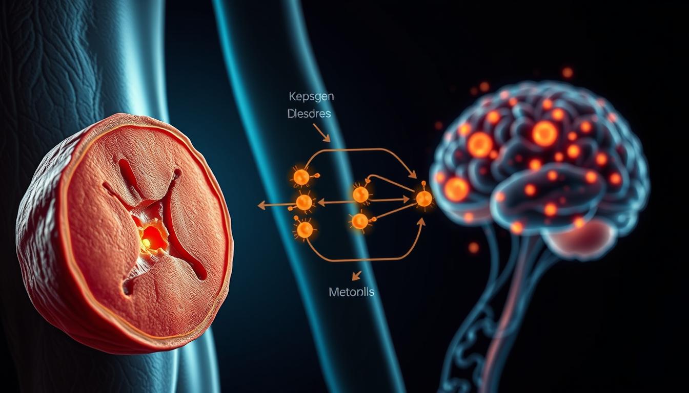 a detailed and scientifically accurate illustration of glycogen depletion and the onset of ketosis. in the foreground, a cross-section of human adipose tissue, showcasing the breakdown of fat cells and the release of fatty acids into the bloodstream. in the middle ground, a depiction of the Krebs cycle and the conversion of fatty acids into ketone bodies, with glowing mitochondria and a sense of energetic metabolic activity. in the background, an abstracted representation of the brain, highlighting the increased utilization of ketone bodies as a fuel source. the lighting is dramatic and chiaroscuro, with bold contrasts to convey the pivotal metabolic shift. the overall tone is vibrant, technical, and scientifically insightful, reflecting the central theme of how the body burns fat in ketosis.