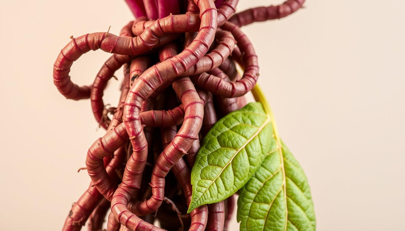 a detailed close-up of the vibrant, fleshy roots of a coleus forskohlii plant, showcased against a plain, neutral background. the roots are thick, twisting, and display a rich, earthy hue, with a slightly knobby texture that suggests their medicinal properties. the lighting is soft and diffused, highlighting the organic contours and patterns of the root structure. the composition places the roots in the center of the frame, filling a majority of the image space to emphasize their natural beauty and importance as a botanical source of forskolin. a detailed close-up of the vibrant, fleshy roots of a coleus forskohlii plant, showcased against a plain, neutral background. the roots are thick, twisting, and display a rich, earthy hue, with a slightly knobby texture that suggests their medicinal properties. the lighting is soft and diffused, highlighting the organic contours and patterns of the root structure. the composition places the roots in the center of the frame, filling a majority of the image space to emphasize their natural beauty and importance as a botanical source of forskolin.