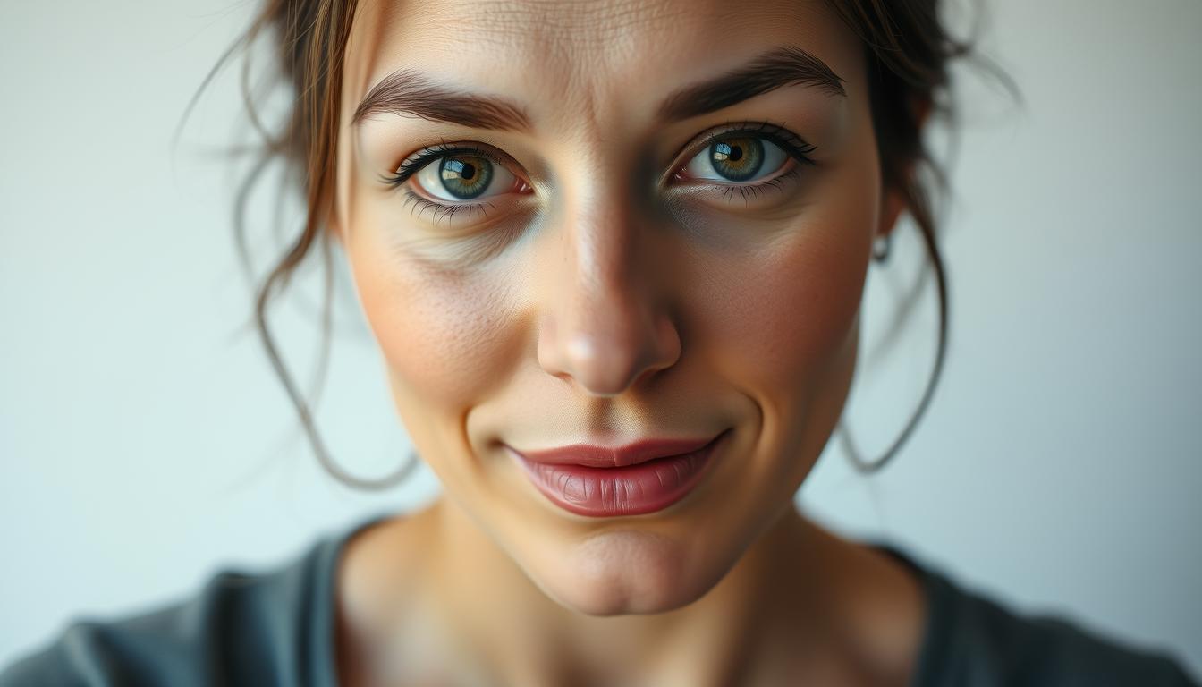 a detailed close-up portrait of a woman's face, showcasing the subtle hormonal changes associated with a ketogenic diet. The subject's skin is glowing and vibrant, with a healthy complexion. Her eyes are bright and alert, reflecting the mental clarity often experienced on keto. The lighting is soft and flattering, creating a serene, contemplative atmosphere. The background is blurred, keeping the focus on the woman's expressive features. The overall impression is one of balance and vitality, capturing the positive hormonal effects of the ketogenic lifestyle.