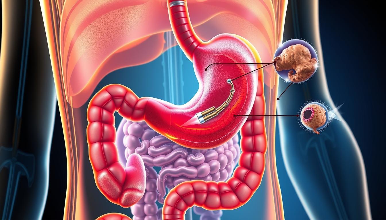 a detailed cross-section illustration of the human gastrointestinal tract, showcasing the interactions between gastroesophageal reflux disease (GERD) and cholecystokinin (CCK). The image should depict the esophagus, stomach, and upper intestines in a vibrant, technical style. Highlight the key anatomical structures involved, such as the lower esophageal sphincter, stomach lining, and duodenum. Visually represent the pathophysiology of GERD, including the backflow of stomach contents, and illustrate how CCK, a digestive hormone, plays a role in this condition. The overall atmosphere should convey a sense of scientific inquiry and medical understanding, with a balanced use of technical detail and visual appeal.