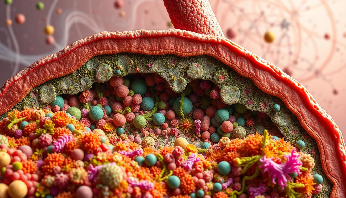 a detailed cross-section of a healthy gut microbiome, with vibrant and diverse colonies of beneficial bacteria and microorganisms, against a backdrop of a ketogenic diet-influenced environment. the foreground showcases intricate, colorful microbial communities thriving in a lush, textured landscape. the middle ground features subtle shifts in the microbial composition, with some species declining and others proliferating. the background depicts the molecular and chemical changes associated with the ketogenic diet, with swirling patterns of metabolites and signaling molecules. the overall scene conveys a sense of dynamic equilibrium, where the gut microbiome adapts to the dietary shifts, maintaining a delicate balance.