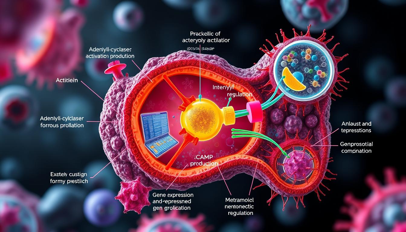 a detailed cross-section of various cellular mechanisms involved in the in vitro effects of forskolin, rendered in a vibrant, scientifically accurate style with a focus on clarity and visual interest. The image depicts the intracellular signaling pathways and cellular processes affected by forskolin, such as adenylyl cyclase activation, cAMP production, and downstream effects on gene expression and metabolic regulation. The composition features a central focus on the key cellular structures and biochemical interactions, with a clean, uncluttered background to emphasize the scientific subject matter. Realistic lighting and a depth of field create a sense of depth and three-dimensionality, allowing the viewer to visualize the complex cellular mechanisms at work. a detailed cross-section of various cellular mechanisms involved in the in vitro effects of forskolin, rendered in a vibrant, scientifically accurate style with a focus on clarity and visual interest. The image depicts the intracellular signaling pathways and cellular processes affected by forskolin, such as adenylyl cyclase activation, cAMP production, and downstream effects on gene expression and metabolic regulation. The composition features a central focus on the key cellular structures and biochemical interactions, with a clean, uncluttered background to emphasize the scientific subject matter. Realistic lighting and a depth of field create a sense of depth and three-dimensionality, allowing the viewer to visualize the complex cellular mechanisms at work.