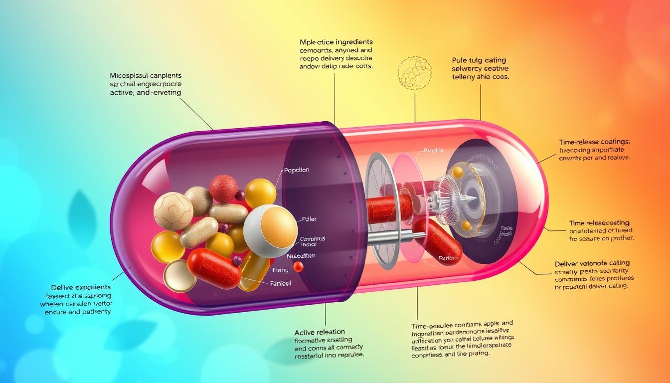 a detailed, cutaway illustration of the inner mechanisms of a weight loss supplement capsule, viewed in cross-section against a vibrant, gradient-filled background. the capsule is shown in the foreground, its shell partially transparent to reveal the active ingredients and delivery systems within, including microencapsulated compounds, time-release coatings, and delivery pathways. the middle ground showcases a series of scientific diagrams and infographic elements that explain the functions and interactions of the various components. the background features a dynamic, multicolored gradient with hints of natural textures, creating a sense of energy and scientific discovery. a detailed, cutaway illustration of the inner mechanisms of a weight loss supplement capsule, viewed in cross-section against a vibrant, gradient-filled background. the capsule is shown in the foreground, its shell partially transparent to reveal the active ingredients and delivery systems within, including microencapsulated compounds, time-release coatings, and delivery pathways. the middle ground showcases a series of scientific diagrams and infographic elements that explain the functions and interactions of the various components. the background features a dynamic, multicolored gradient with hints of natural textures, creating a sense of energy and scientific discovery.