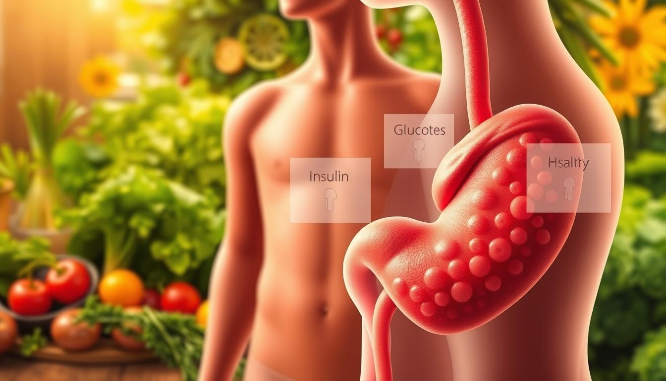 a detailed digital illustration of insulin resistance and a ketogenic diet, set against a vibrant background. in the foreground, a close-up view of a human pancreas, with swollen beta cells and disrupted insulin production. in the middle ground, a person's torso, with overlays depicting glucose and insulin pathways, highlighting the body's reduced sensitivity to insulin. in the background, a lush, verdant scene with low-carb vegetables, healthy fats, and keto-friendly foods, conveying the dietary approach to addressing insulin resistance. the illustration should have a scientific, yet visually engaging aesthetic, using a warm color palette and subtle lighting to create a sense of balance and harmony between the biological and dietary elements.