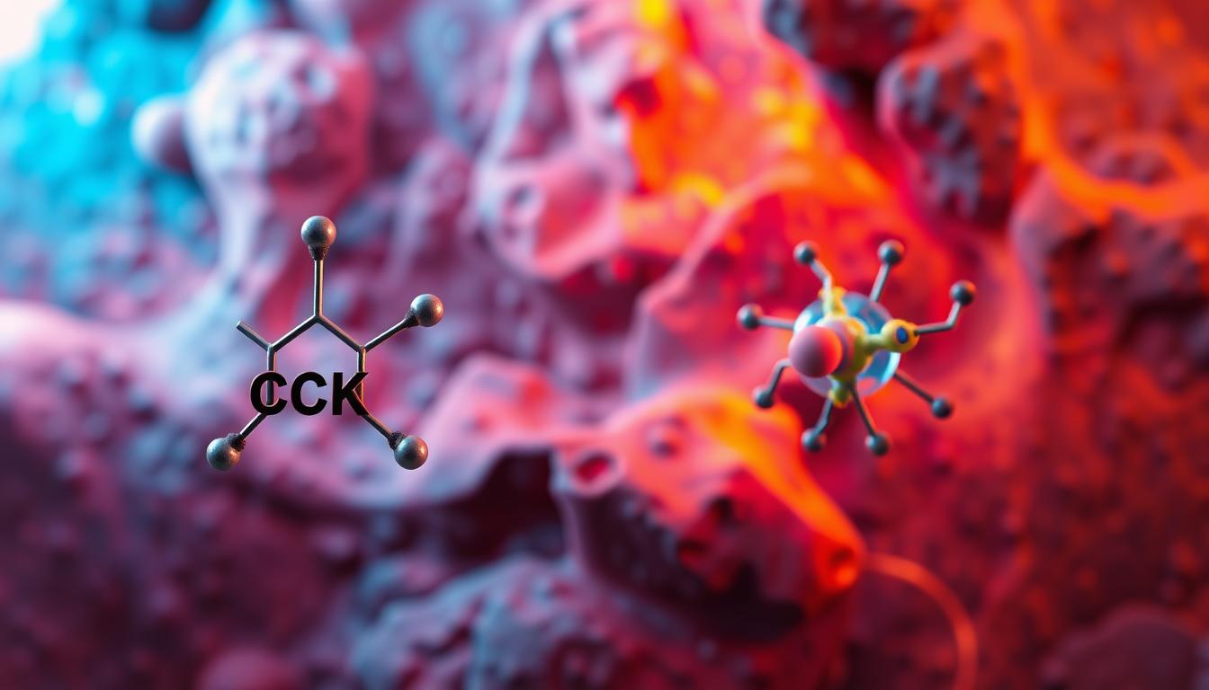 a detailed digital illustration of the CCK hormone and its role in hunger control, set against a vibrant, richly-textured backdrop. In the foreground, a stylized, annotated rendering of the CCK molecule, its chemical structure visible and labeled. In the middle ground, a three-dimensional visualization of the hormone's interaction with its receptor, showcasing the biological pathways that regulate appetite and satiety. The background features a vibrant, abstract landscape representing the physiological systems influenced by CCK, rendered in a hyper-realistic, photographic style with dramatic lighting and depth of field. The overall composition conveys the complex, multi-faceted nature of this key hormone's influence on human digestion and metabolism.