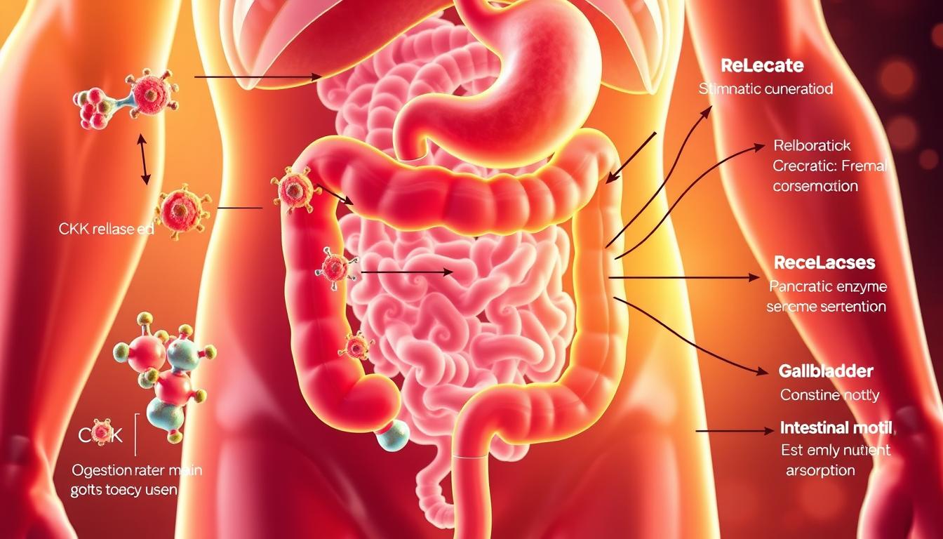 a detailed digital illustration of the biological functions of cholecystokinin (CCK) in the human gastrointestinal system, showcasing its roles in digestive processes and overall gastrointestinal health. The image depicts a vibrant, cross-sectional view of the stomach, small intestine, and associated organs, with CCK molecules and their interactions highlighted in a clear, visually engaging manner. The foreground showcases the release and binding of CCK to its receptors, while the middle ground illustrates its stimulation of pancreatic enzyme secretion and gallbladder contraction. The background features a stylized representation of the regulatory effects of CCK on gastric emptying, intestinal motility, and nutrient absorption. The scene is illuminated by a warm, vibrant lighting scheme that enhances the dynamic nature of the biological processes depicted.