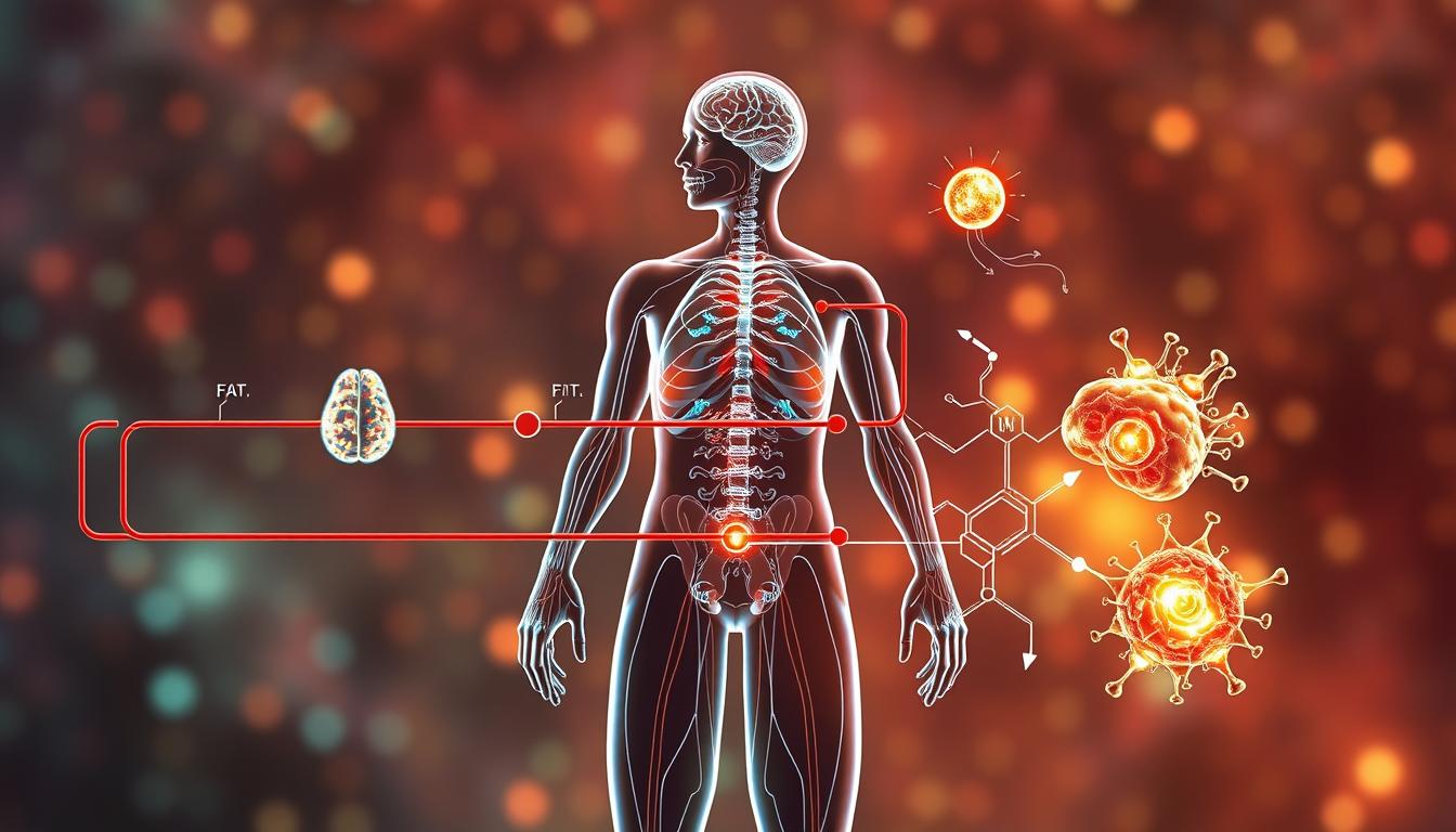 a detailed digital illustration of the metabolic process of the keto diet, set against a vibrant background. the foreground depicts the breakdown of fat into ketones, with clear visualizations of the chemical reactions and energy pathways. the middle ground showcases the utilization of ketones by the body's cells, with a focus on the brain and muscle tissues. the background features a stylized representation of the keto-adapted state, with glowing energy flows and a sense of vitality. the lighting is dramatic and cinematic, highlighting the complexity and elegance of the ketogenic metabolic system. the overall mood is one of scientific wonder and physiological dynamism.