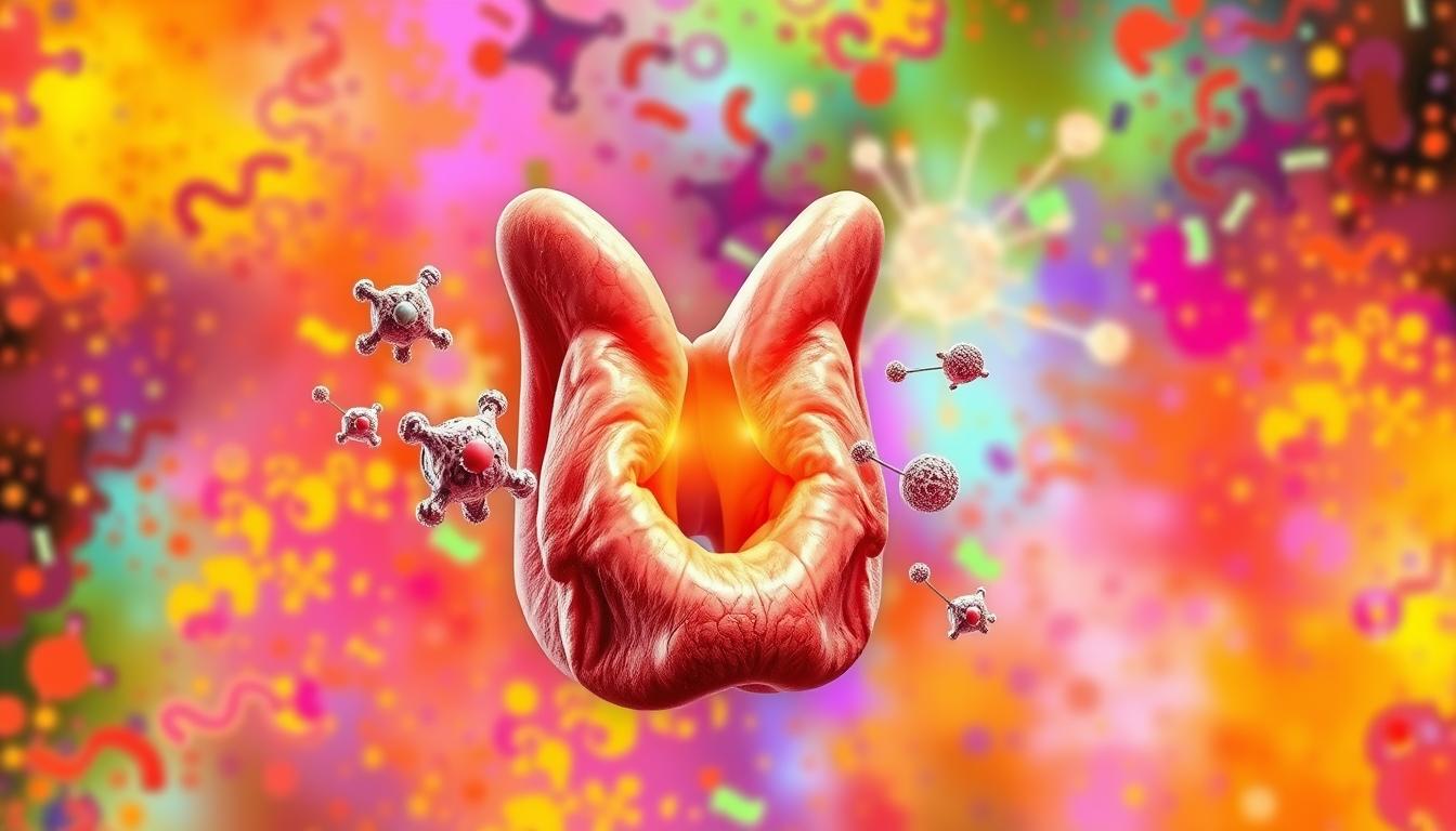 a detailed digital illustration of the thyroid gland interacting with gluten molecules, set against a vibrant, colorful backdrop. the thyroid gland is prominently featured in the foreground, depicted in intricate anatomical detail with its distinctive lobes and isthmus. gluten molecules, represented as abstract shapes and patterns, are shown interacting with the thyroid, conveying the complex relationship between the two. the middle ground features a stylized, energetic representation of the cellular and molecular processes involved in this interaction. the background is filled with a vibrant, dynamic array of colors and textures, creating a sense of energy and movement. the overall composition is balanced and visually striking, effectively communicating the concepts of thyroid health and gluten interaction.