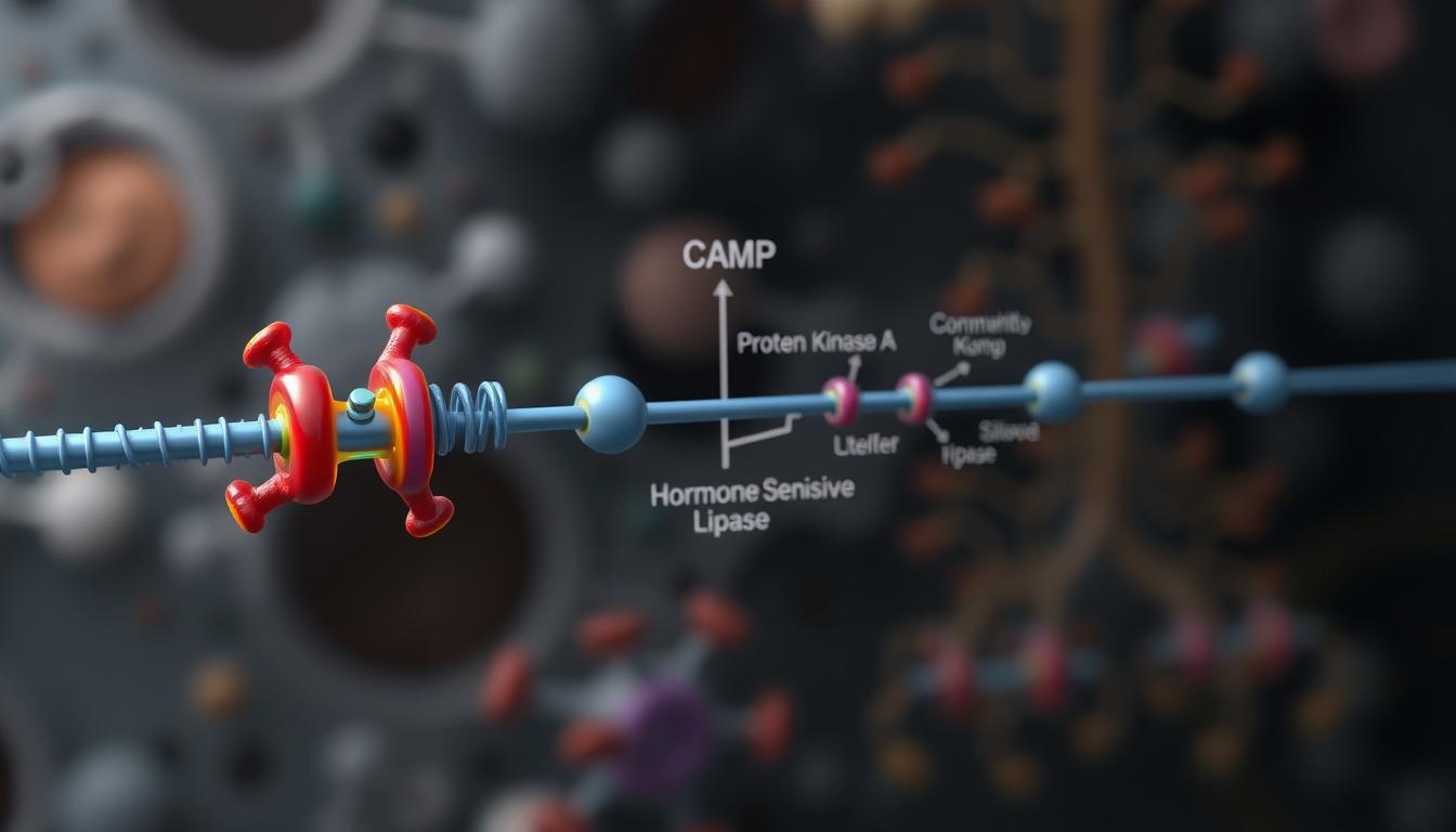 a detailed, scientifically accurate illustration of the cAMP weight loss mechanism, showcasing the key molecular interactions and signaling pathways involved. Prominent in the foreground, a vibrant visualization of the adenylyl cyclase enzyme catalyzing the conversion of ATP into cAMP, the central regulator of this process. In the middle ground, a cascading network of downstream effectors such as protein kinase A and hormone-sensitive lipase, depicting their roles in mobilizing stored fat for energy. In the background, a blurred yet discernible backdrop of cellular organelles and metabolic pathways, emphasizing the broader context of this weight loss mechanism within the holistic physiology. Rendered with a clean, precise aesthetic and muted color palette to convey the technical, scientific nature of the subject matter.